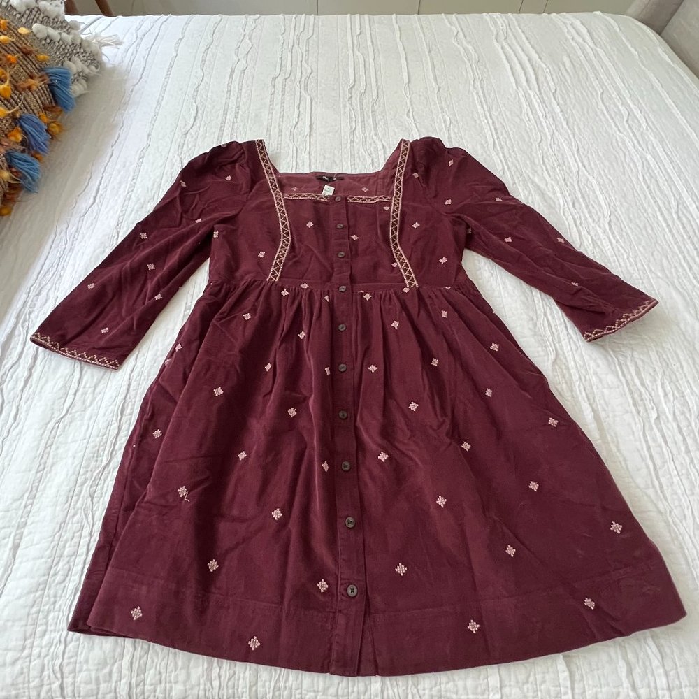 New with tags: Madewell Burgundy Embroidered Corduroy Button-Front Mini Dress